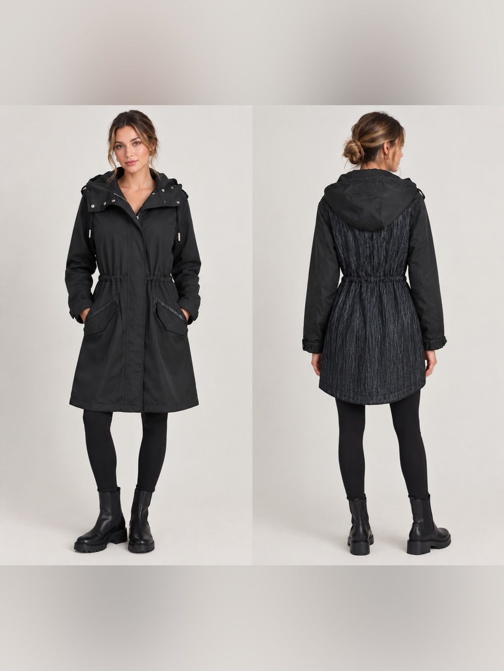 Vera Wang Mixed Media Black Hooded Parka Rain Jacket size Smalls